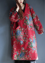 Load image into Gallery viewer, Women Red V Neck Print Warm Fleece Long Cotton Parka Winter