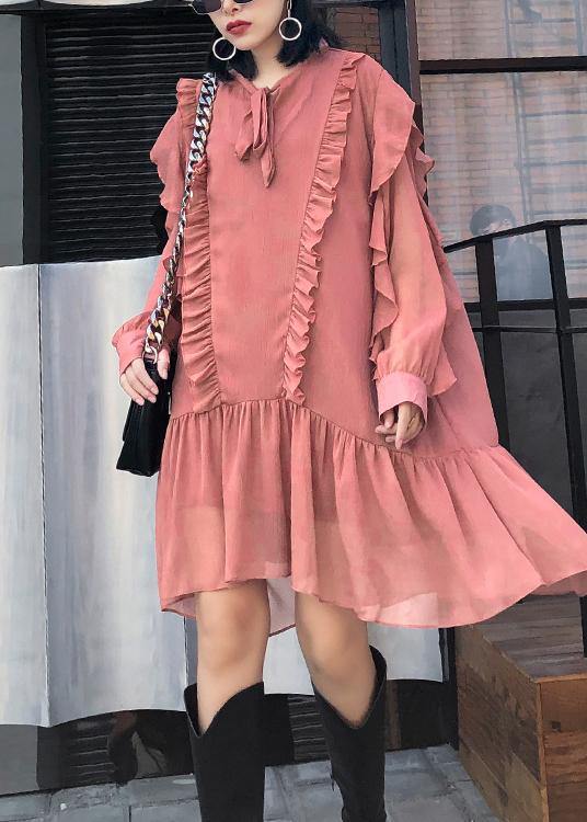 Women Ruffles long sleeve spring pink Dress