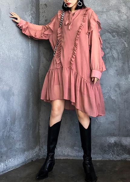 Women Ruffles long sleeve spring pink Dress