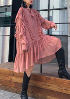 Women Ruffles long sleeve spring pink Dress