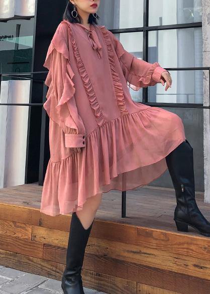Women Ruffles long sleeve spring pink Dress
