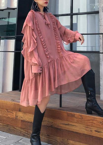 Women Ruffles long sleeve spring pink Dress