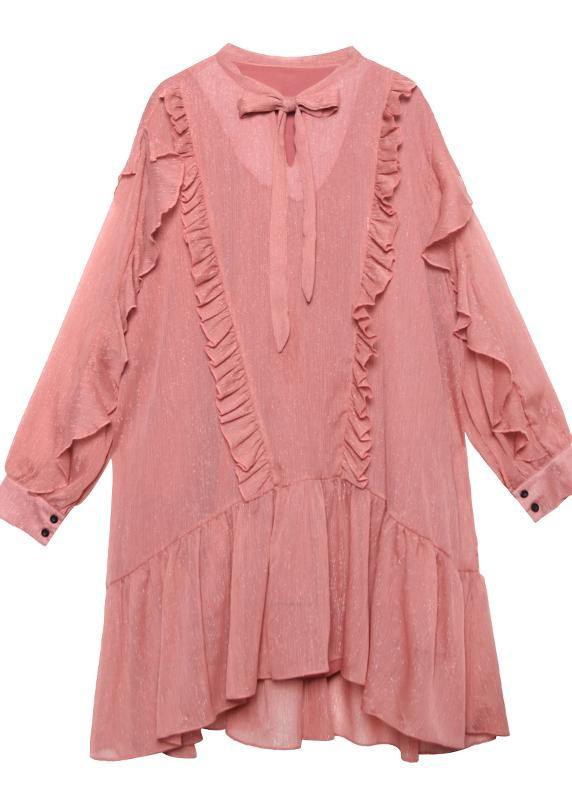 Women Ruffles long sleeve spring pink Dress