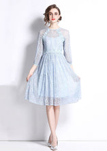 Load image into Gallery viewer, Women Sky Blue Embroideried Wrinkled Patchwork Lace Mid Dress Summer