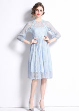 Load image into Gallery viewer, Women Sky Blue Embroideried Wrinkled Patchwork Lace Mid Dress Summer
