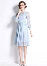 Load image into Gallery viewer, Women Sky Blue Embroideried Wrinkled Patchwork Lace Mid Dress Summer