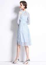 Load image into Gallery viewer, Women Sky Blue Embroideried Wrinkled Patchwork Lace Mid Dress Summer