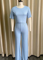 Women Sky Blue O Neck Tops And Pants Knitting Cotton Two Piece Set Summer