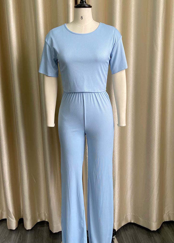 Women Sky Blue O Neck Tops And Pants Knitting Cotton Two Piece Set Summer