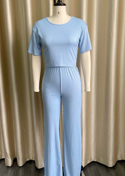 Women Sky Blue O Neck Tops And Pants Knitting Cotton Two Piece Set Summer