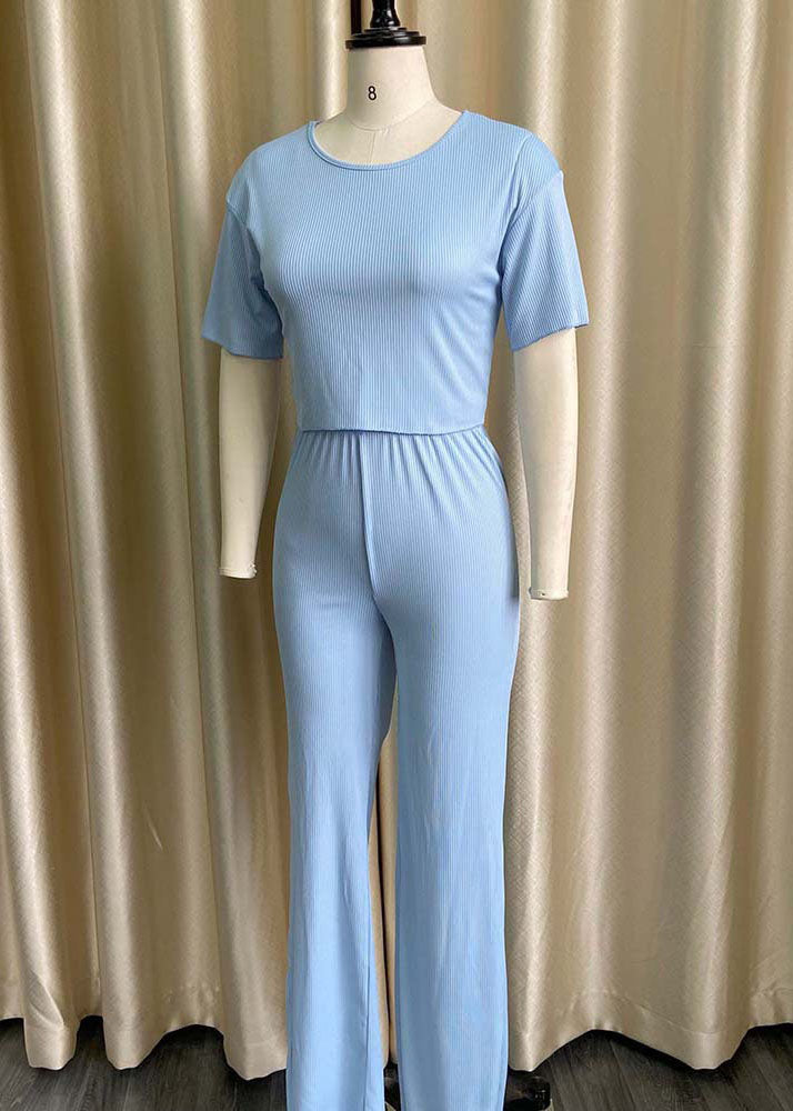 Women Sky Blue O Neck Tops And Pants Knitting Cotton Two Piece Set Summer