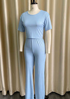 Women Sky Blue O Neck Tops And Pants Knitting Cotton Two Piece Set Summer