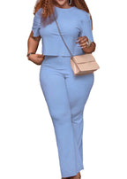Women Sky Blue O Neck Tops And Pants Knitting Cotton Two Piece Set Summer