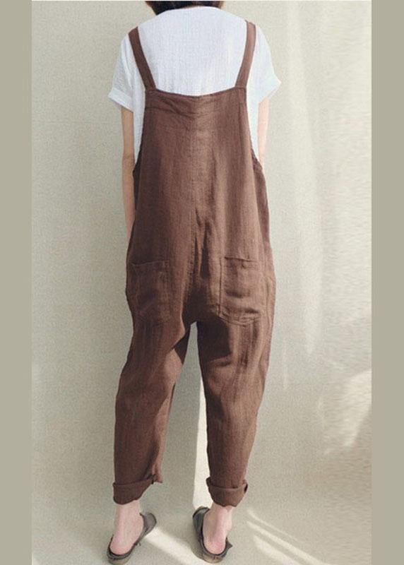 Women Solid Color Cotton Strappy Pocket Loose Harem Jumpsuit