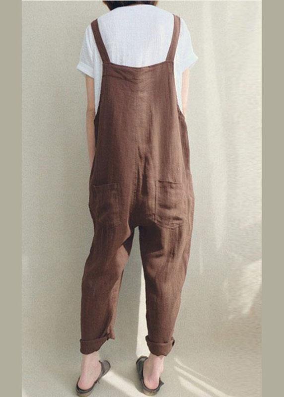 Women Solid Color Cotton Strappy Pocket Loose Harem Jumpsuit