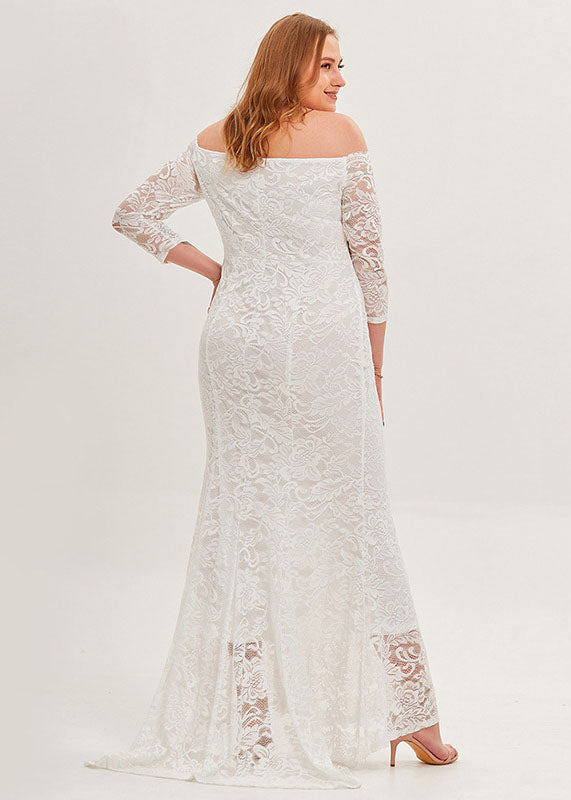 Women White Cold Shoulder Patchwork Lace Long Dresses Summer