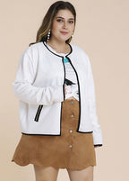 Women White O-Neck Patchwork Pockets Coat Fall