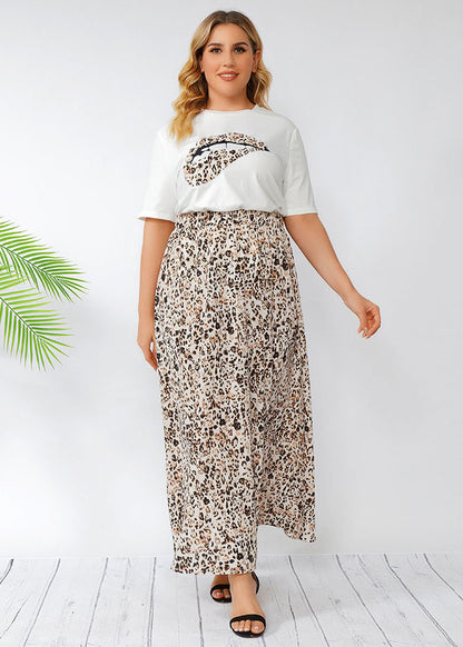 Women White O-Neck Top And Leopard Skirts Cotton Two Piece Set Summer