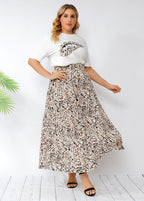 Women White O-Neck Top And Leopard Skirts Cotton Two Piece Set Summer