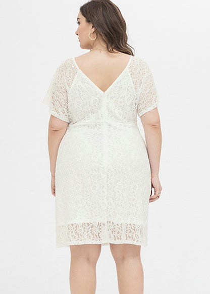 Women White Patchwork Lace Mid Dresses Short Sleeve
