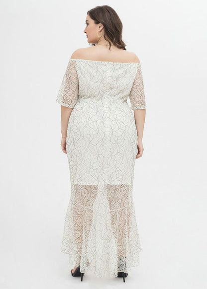 Women White Slash Neck Patchwork Lace Fishtail Dress Summer