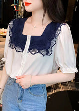 Load image into Gallery viewer, Women White Square Collar Lace Patchwork Button Shirt Short Sleeve