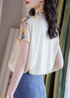 Women White Stand Collar Asymmetrical Ruffled Print Silk Tops Summer