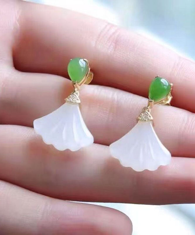 Women White Sterling Silver Inlaid Jade Fan Shaped Drop Earrings