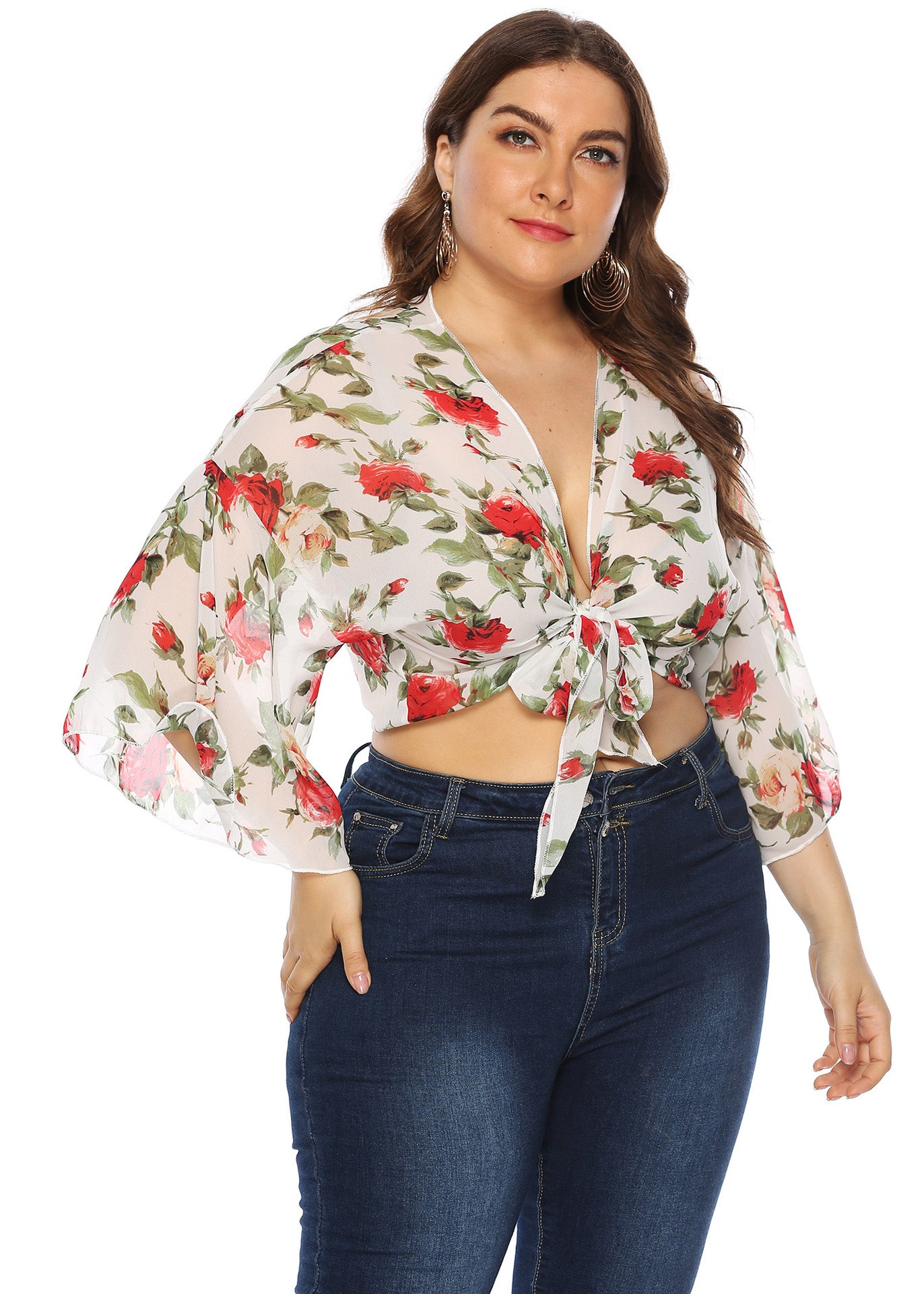 Weiße Damen-Strickjacken mit V-Ausschnitt, bedruckt, Taillenband, Chiffon, Armband-Ärmel