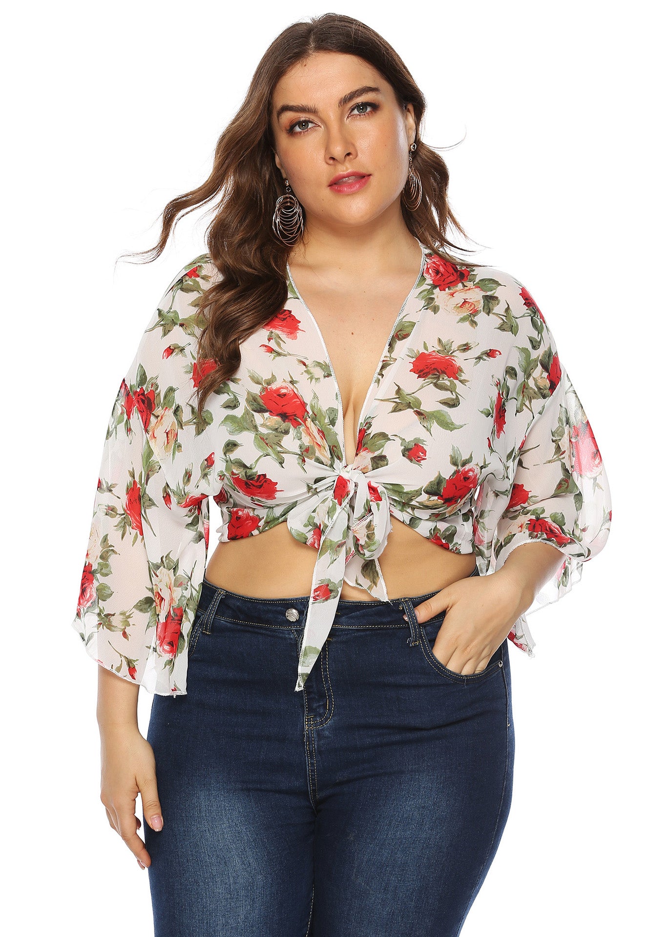 Women White V Neck Print Tie Waist Chiffon Cardigans Bracelet Sleeve