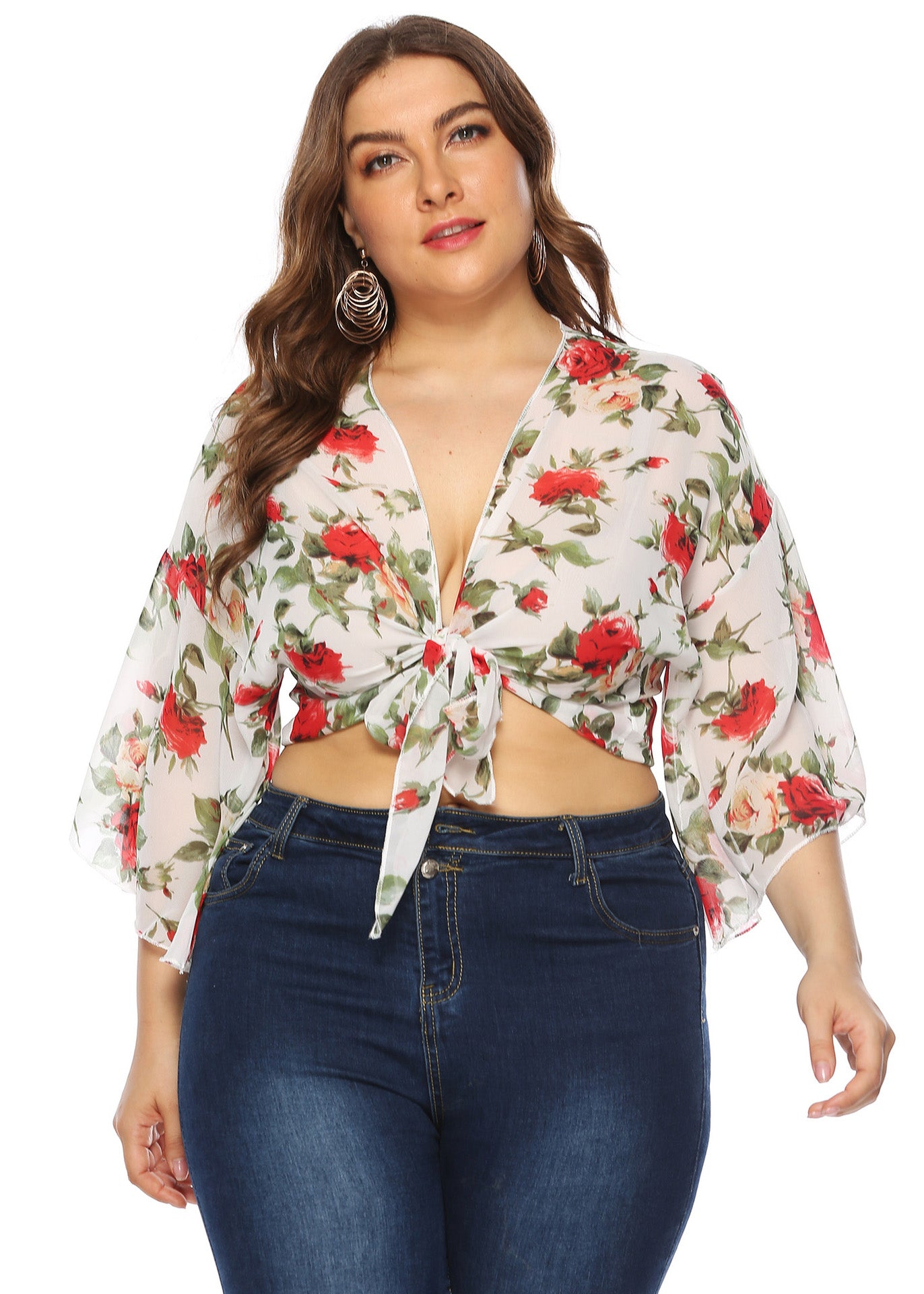 Weiße Damen-Strickjacken mit V-Ausschnitt, bedruckt, Taillenband, Chiffon, Armband-Ärmel