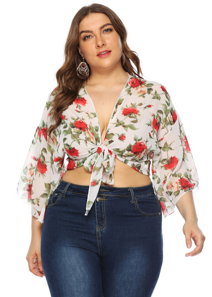 Weiße Damen-Strickjacken mit V-Ausschnitt, bedruckt, Taillenband, Chiffon, Armband-Ärmel