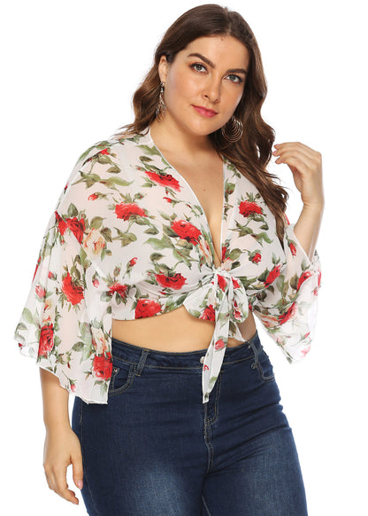 Weiße Damen-Strickjacken mit V-Ausschnitt, bedruckt, Taillenband, Chiffon, Armband-Ärmel