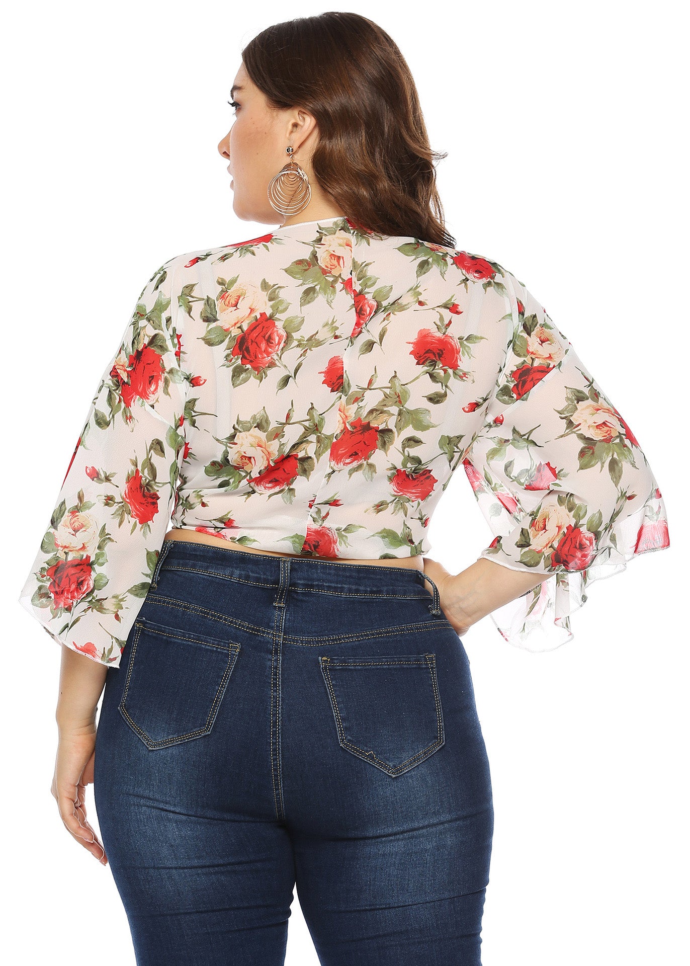 Weiße Damen-Strickjacken mit V-Ausschnitt, bedruckt, Taillenband, Chiffon, Armband-Ärmel