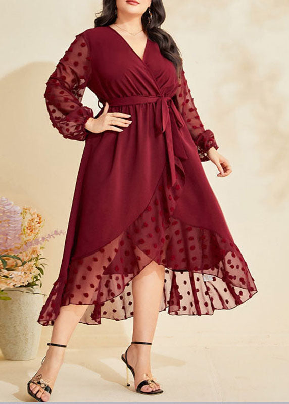 Women Wine Red Asymmetrical Ruffled Tie Waist Patchwork Chiffon Dresses Fall