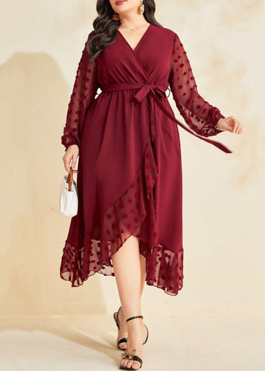 Women Wine Red Asymmetrical Ruffled Tie Waist Patchwork Chiffon Dresses Fall