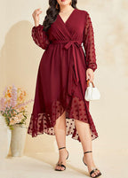 Women Wine Red Asymmetrical Ruffled Tie Waist Patchwork Chiffon Dresses Fall