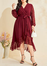 Load image into Gallery viewer, Women Wine Red Asymmetrical Ruffled Tie Waist Patchwork Chiffon Dresses Fall