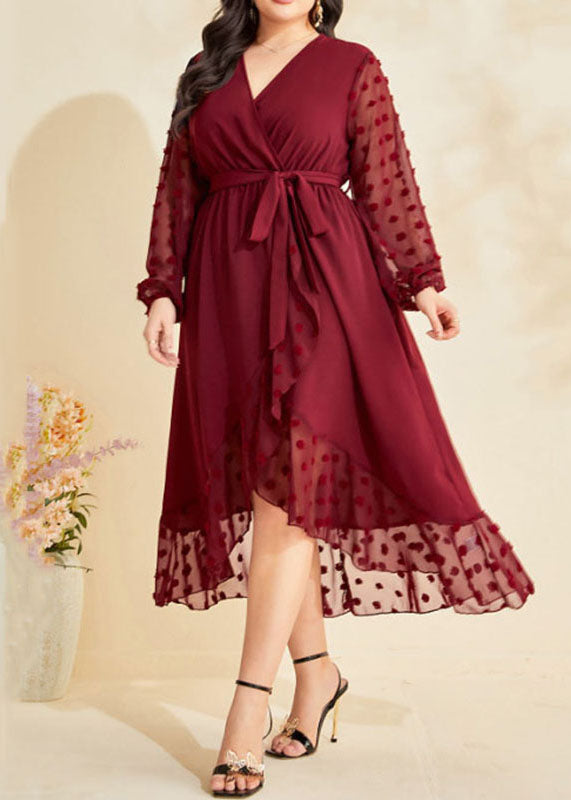 Women Wine Red Asymmetrical Ruffled Tie Waist Patchwork Chiffon Dresses Fall