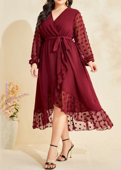 Women Wine Red Asymmetrical Ruffled Tie Waist Patchwork Chiffon Dresses Fall