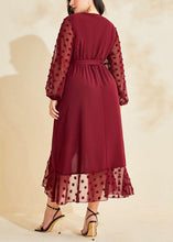 Load image into Gallery viewer, Women Wine Red Asymmetrical Ruffled Tie Waist Patchwork Chiffon Dresses Fall