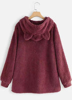 Women Wine Red Hooded Embroideried Patchwork Teddy Faux Fur Sweatshirts Fall