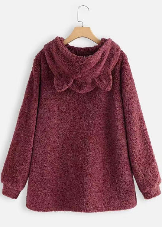 Women Wine Red Hooded Embroideried Patchwork Teddy Faux Fur Sweatshirts Fall