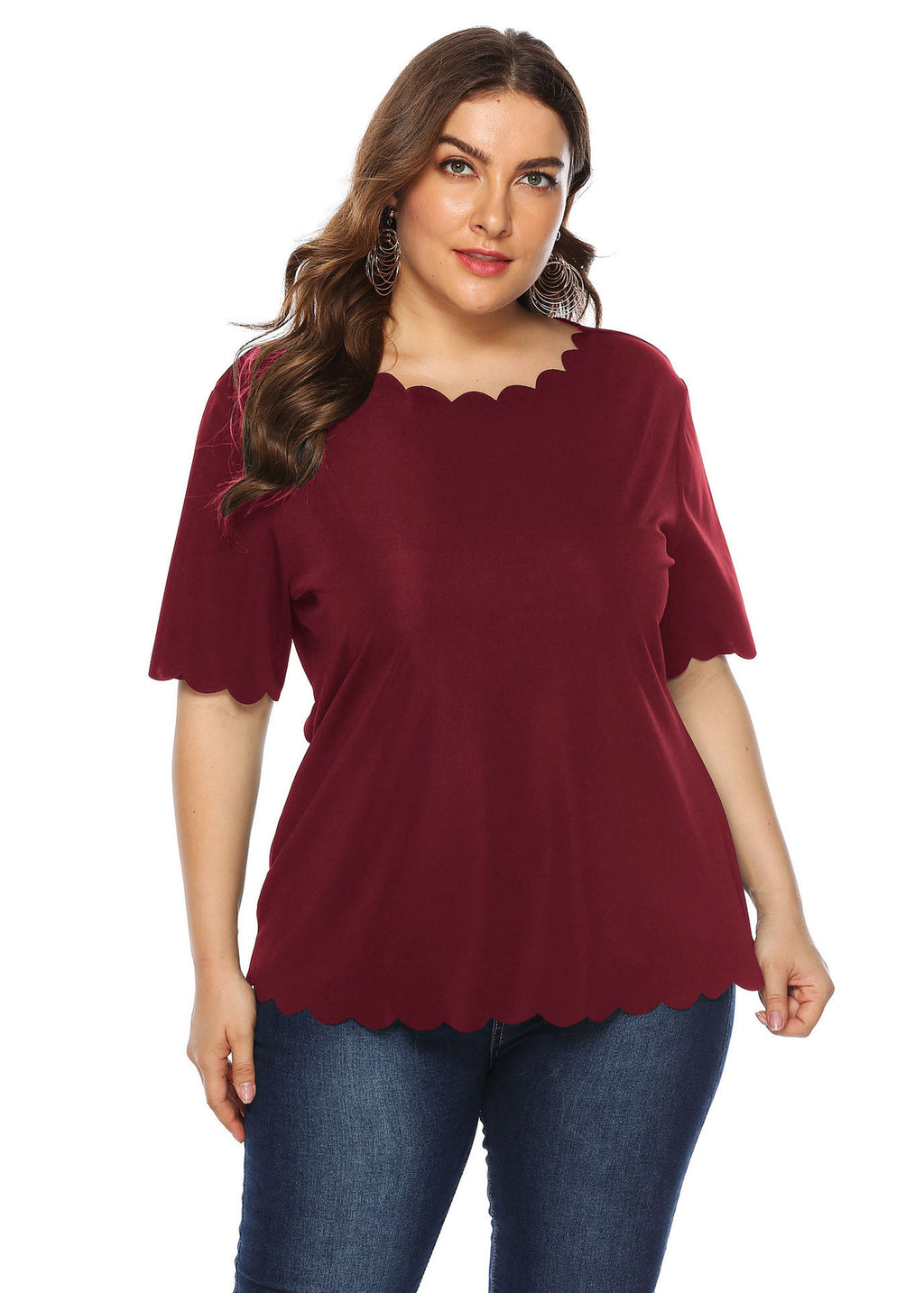Women Wine Red O Neck Patchwork Loose Cotton T Shirts Short Sleeve