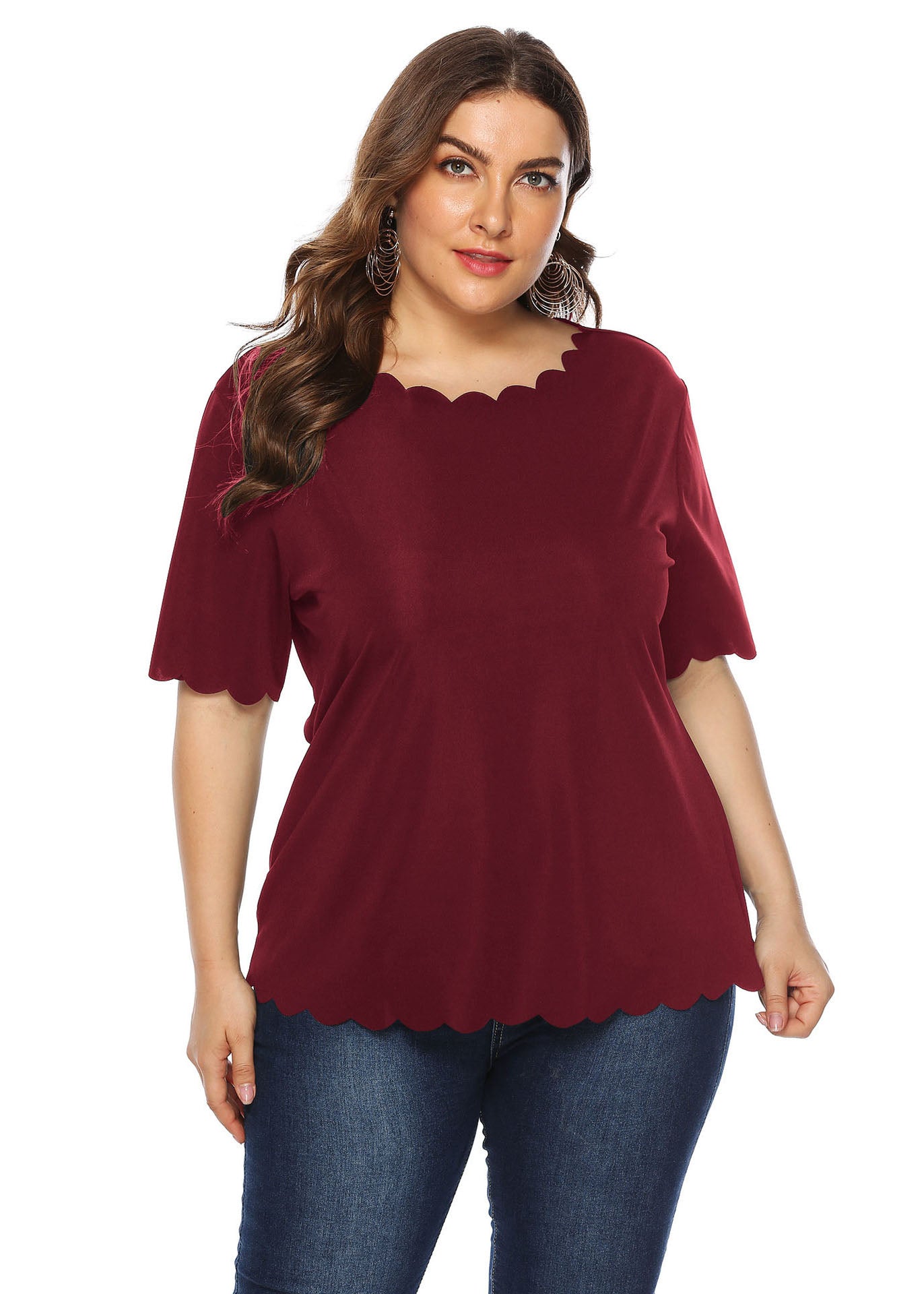 Women Wine Red O Neck Patchwork Loose Cotton T Shirts Short Sleeve