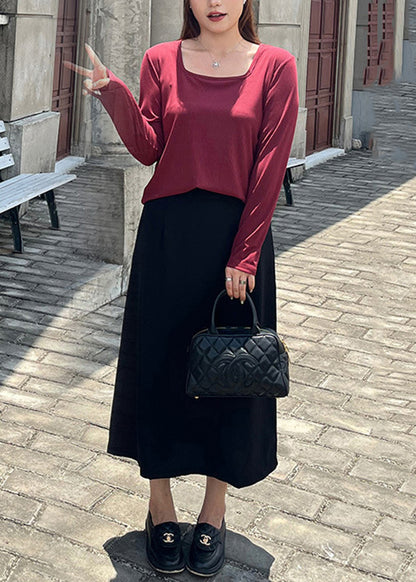 Women Wine Red Square Collar Patchwork Knit Tops And Skirts Two Pieces Set Fall