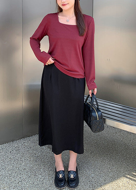 Women Wine Red Square Collar Patchwork Knit Tops And Skirts Two Pieces Set Fall