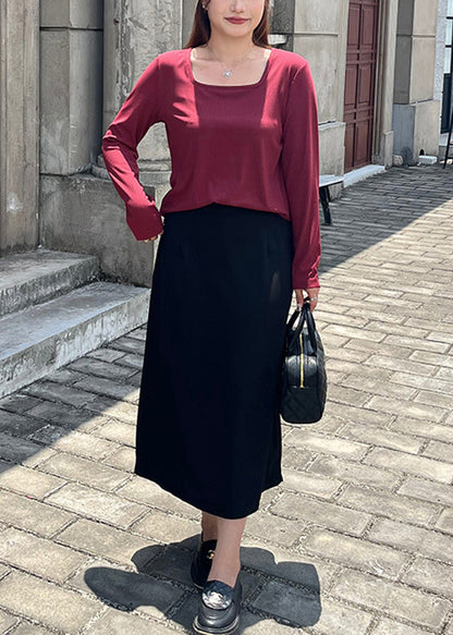 Women Wine Red Square Collar Patchwork Knit Tops And Skirts Two Pieces Set Fall