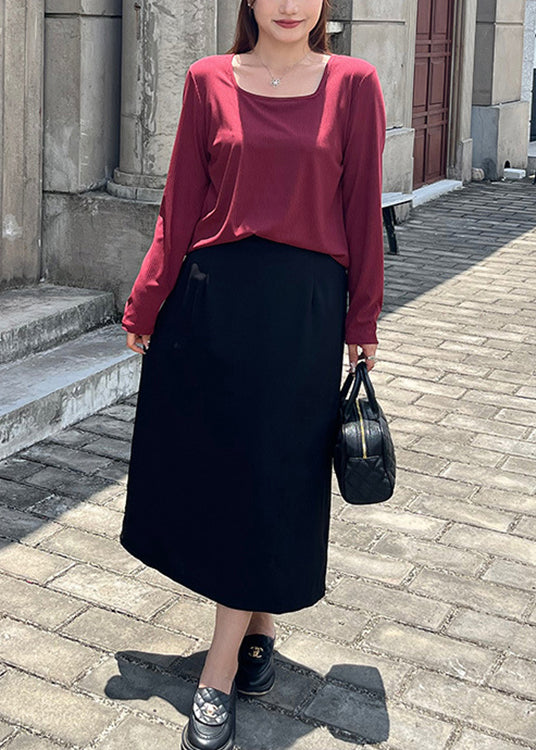 Women Wine Red Square Collar Patchwork Knit Tops And Skirts Two Pieces Set Fall