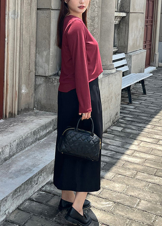 Women Wine Red Square Collar Patchwork Knit Tops And Skirts Two Pieces Set Fall